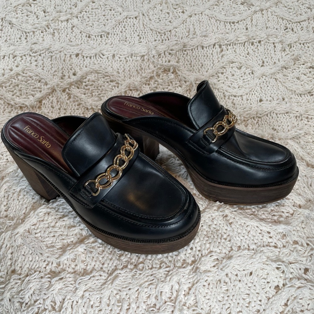 Franco Sarto Katra Black Platform Clog Mules Gold Chain Link Loafer‎ Heel 8M - Picture 3 of 9